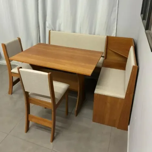 Baixouoo! Mesa Canto Alemão Golden com 2 Cadeiras Tecido Linho, Frete Grátis, Cartão 12x!