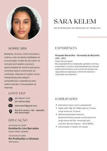 Currículo de Sara Kelem Santana de Oliveira para vagas com experiência no currículo