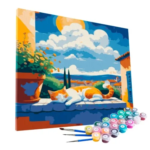 Kit Pintura Numerada Terapêutica Em Tela - O Gato da Descansando ao Sol