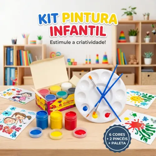 Kit Pintura Infantil Tinta Guache 6 Cores + Godê Paleta + 2 Pincéis