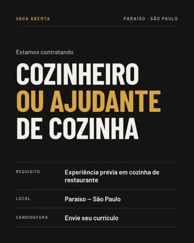 Vaga para Cozinheiro e Ajudante de cozinha (restaurante)