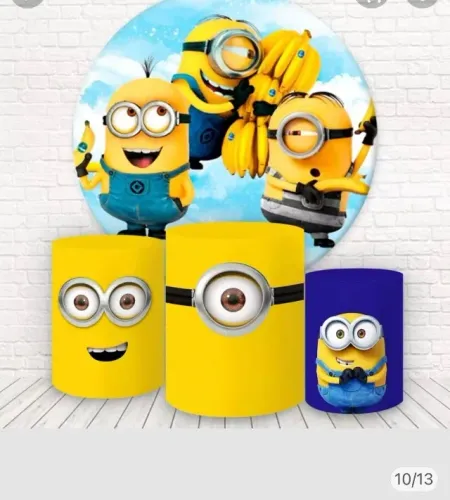 Kit Capas Painel Redondo E Capas De Cilindro Sublimados Decoração Tema Minions