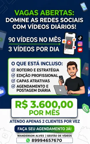 SOCIAL MÉDIA / GESTÃO DE VÍDEOS (90 Vídeos no Mês) - Apenas 2 Vagas