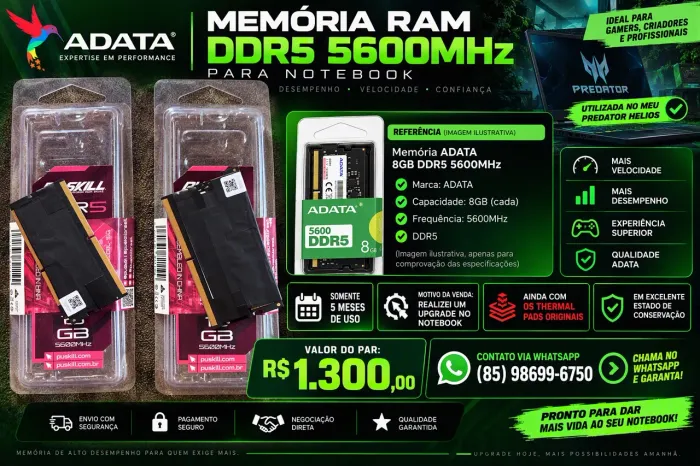 Par Memória RAM DDR5 16gb (2x8gb) 5600mhz Para Notebook (ADATA)