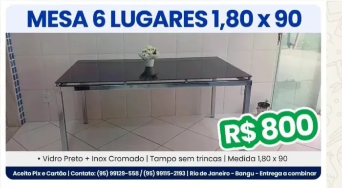 Mesa de inox 1,80x90 com tampo de vidro fumê em perfeito estado de conservação. Valor R$