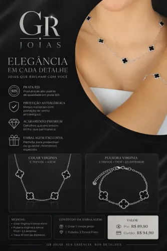Colar Virgínia 5 trevos + pulseira 6 trevos banhada a prata 925