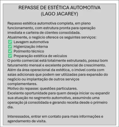 REPASSE ESTETICA AUTOMOTIVA (LAVA JATO) - LAGO JACAREY