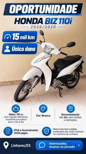 OPORTUNIDADE ÚNICO DONO - HONDA BIZ 110i 2020/2020 - branca