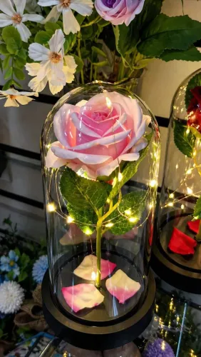 Flor Rosa Artificial Cúpula com Led 22cm Presente Dia Dos namorados