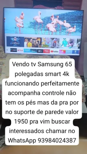 Vendo tv Samsung 65 polegadas smart 4k funcionando perfeitamente valor 1950 pra vim buscar