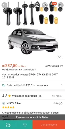 Kit 4 Amortecedores Voyage G5 G6  G7+ Kit 2016 2017 2018 2019