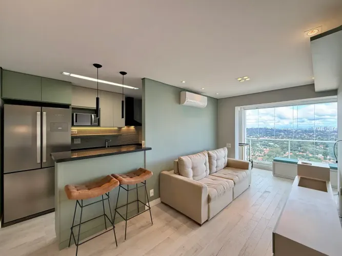 Apartamento mobiliado para alugar no Cube Campo Belo em andar alto com 1 dormitório, próx.