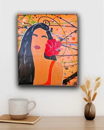 Quadro Decorativo minimalista abstrato em Acrílico Pintado a Mão de linda mulher ambiente