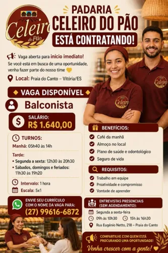 VAGA BALCONISTA - PADARIA EM VITORIA - INICIO IMEDIATO