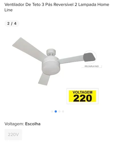Ventilador De Teto 3 Pás Reversível 2 Lampada Home Line