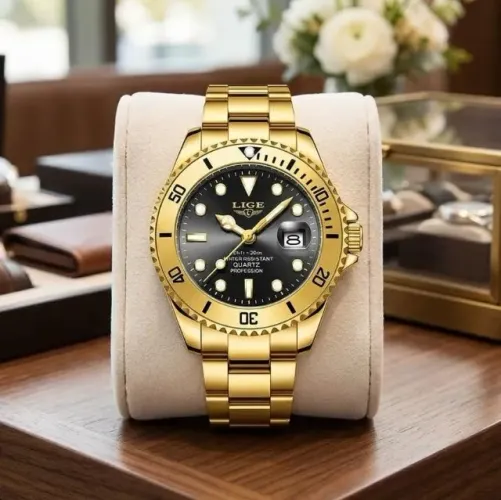 Relógio Masculino LIGE Dourado Luxo