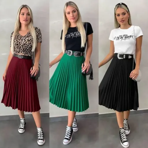 Saia Plissada Midi - Elegância e Conforto para o Seu Dia a Dia