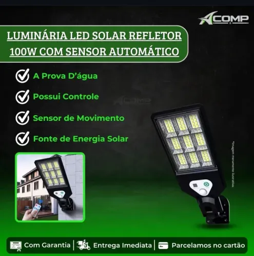 Luminária LED Solar Refletor 100W com Sensor Automático