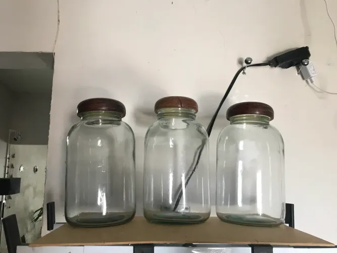 3 Recipientes em vidro com tampa de madeira 