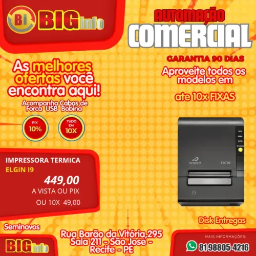 Impressora Termica Com Guilhotina Não Fiscal Elgin I9 USB Preta Em ate 10x Fixas GARANTIA