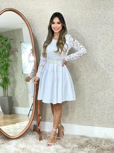 Vestido Branco Rodado Cinto Cetim 