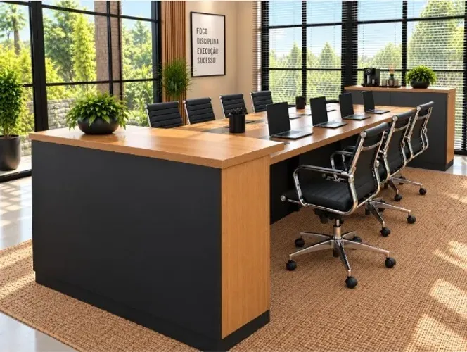 Mesa de Reunião Corporativa Com Torres de Tomadas: L344cm x L100cm x A90cm.