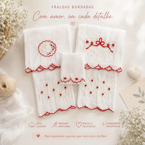 Fraldas bordadas kit 05 peças 