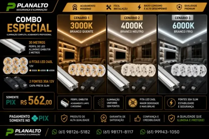 30m Perfil de led + 30m fita de led 240led 12v + 4 FONTE 30A SLIM CAPA PRETA