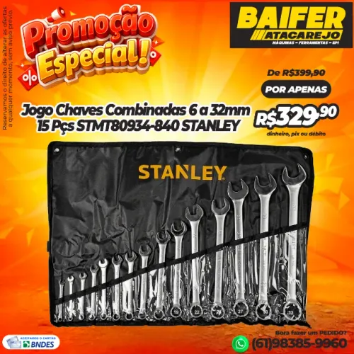 Jogo de Chaves Combinadas 6 a 32mm Com 15 Peças STMT80934-840 STANLEY