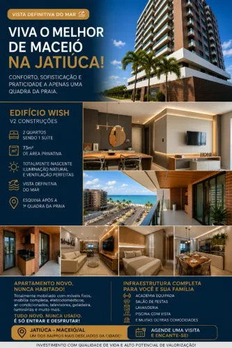 Ed. Wish | Vista Mar Definitiva | 73m² | 2 Quartos | Novo | Mobiliado | Jatiúca