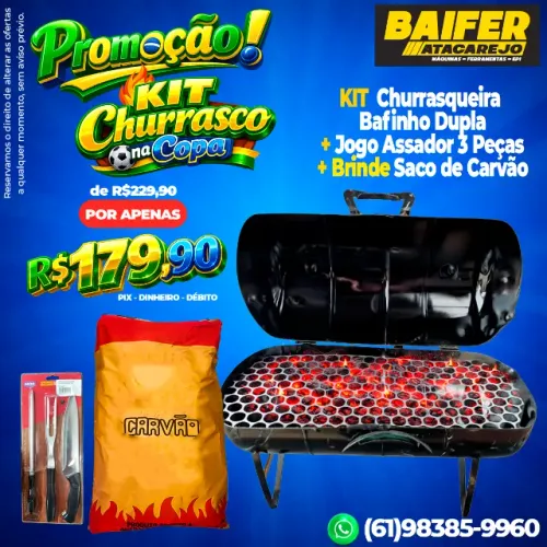 Kit Churrasqueira Bafinho Dupla + Jogo Assador 3 Peças + Brinde Saco de Carvão