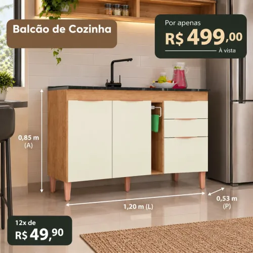 PROMOÇÃO URGENTE - Balcão de Cozinha Ipanema Bege por apenas 12x R$49,90