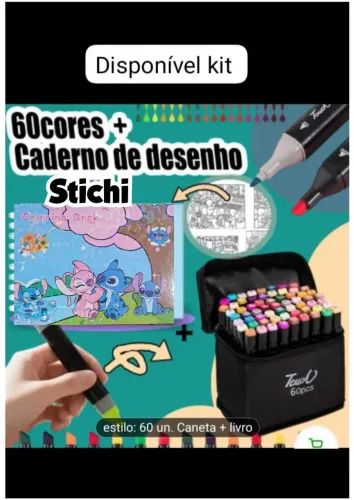Kit 60 canetinhas mais caderno Stitch 