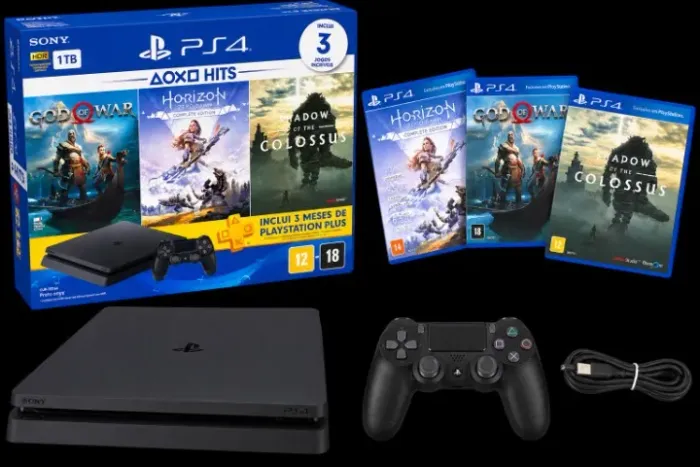 PS4 Slim 1TB Original + Controle + 3 Jogos Físicos + Caixa - Excelente estado