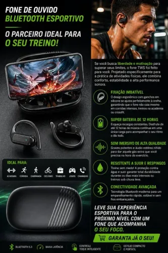 Fone De Ouvido Bluetooth Esportivo Sem Fio Academia Corrida Bateria Longa 12h Anti-queda