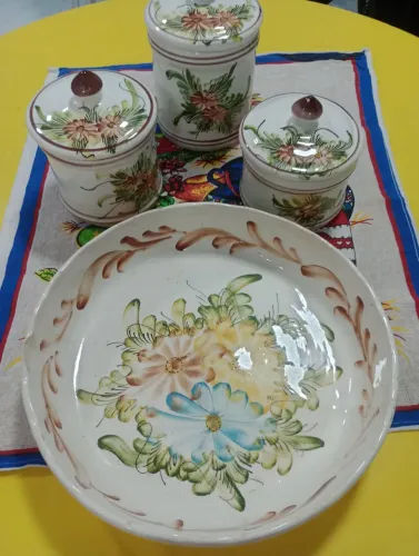 Conjunto de mantimentos em porcelana vintage 3 peças 1 travessa de cerâmica pintada à mão