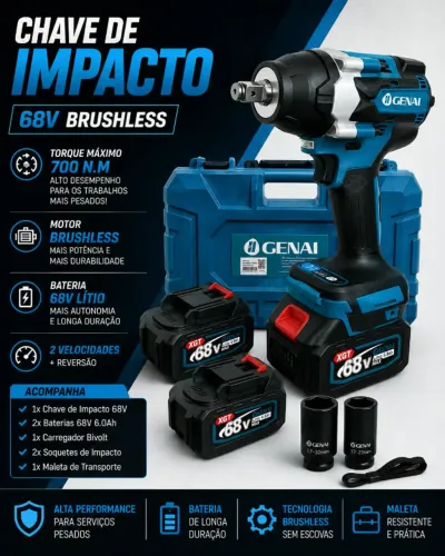 Chave De Impacto Genai 68v Brushless Com 2 Baterias 700 Nm
