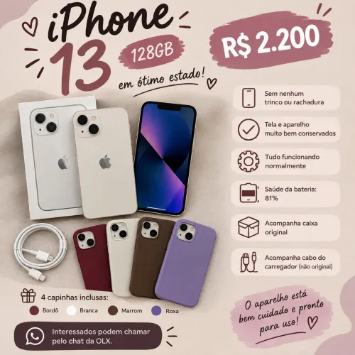 ? iPhone 13 128GB + 4 Capinhas + Carregador + Caixa Original