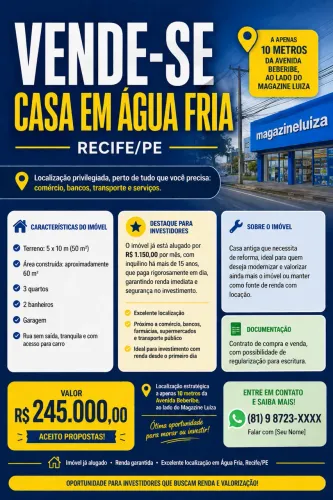 Casa em água fria, numa vila do lado do magazine Luiza