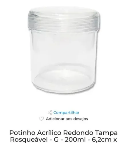 Potinho Acrílico Redondo Tampa Rosqueável-G-200ml- 6,2cmx 7cm