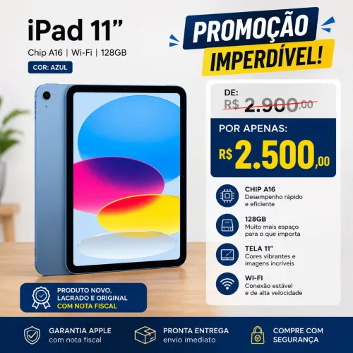 APPLE iPad 11 A16 Wi-Fi 128GB Azul - NOVO E LACRADO