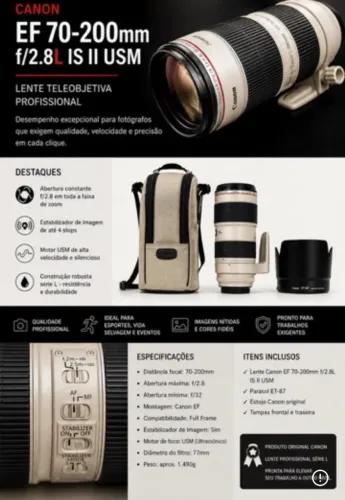 Lente teleobjetiva canon ef 70-200mm f/2.8l is ii usm com estabilizador de imagem