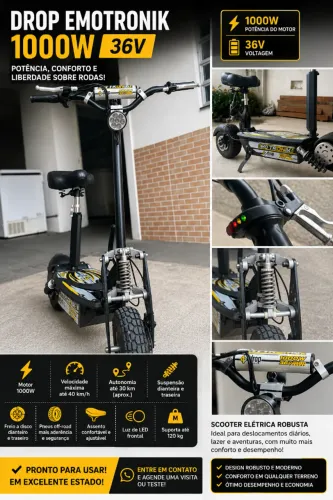 PATINETE ELÉTRICO DROP EMOTRONIK 1000w 36v (Aceito cartão)
