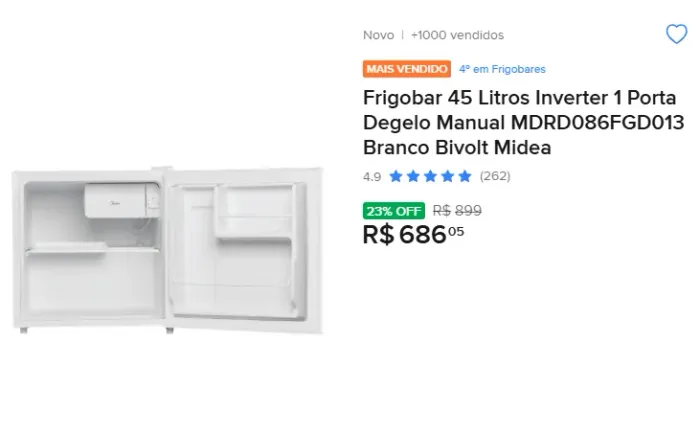 Frigobar 45 Litros Inverter 1 Porta Degelo Manual MDRD086FGD013 Branco Bivolt Midea