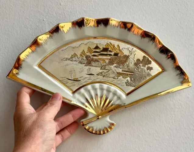 Peça Decorativa Japonesa Art Chokin Leque Dourado Prato Parede Vintage