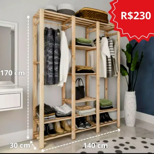Arara Tripla cabideiro prateleira móveis madeira pinus closet aberto armário roupeiro
