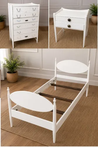 Jogo de quarto em madeira antigo 3 peças (cama + cômoda + bidê)