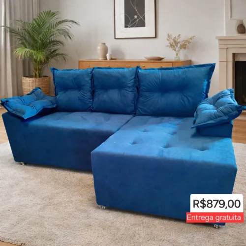 PROMOÇÃO URGENTE - Sofá com Chaise 3 LUGARES Azul Disponível