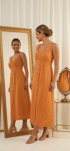 Vestido Longo Linho Feminino Com Botões Lástex Brasil Em Gotas Forrado