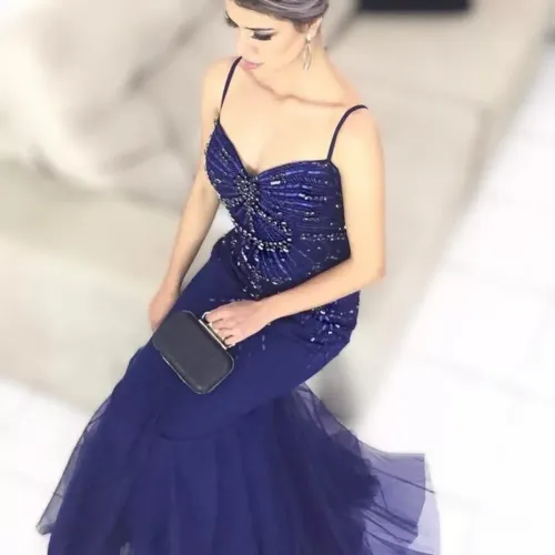 Vestido Festa Azul Marinho bordado